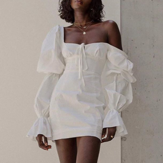 White Puff Sleeve Skinny Solid Backless Dress