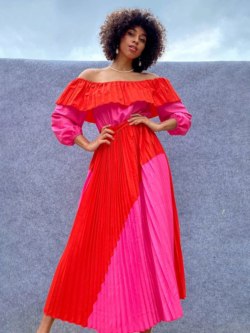Color Block Pleated Off Shoulder Maxi Dresses