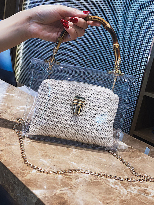 Bamboo Handle Woven Transparent PVC 2 Piece Chain Bags