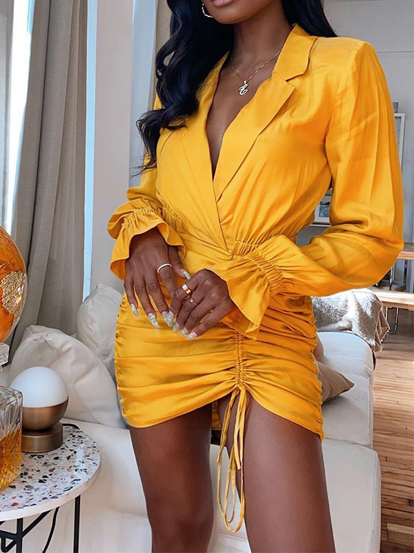 Drawstring Long Sleeve Women Mini Dress