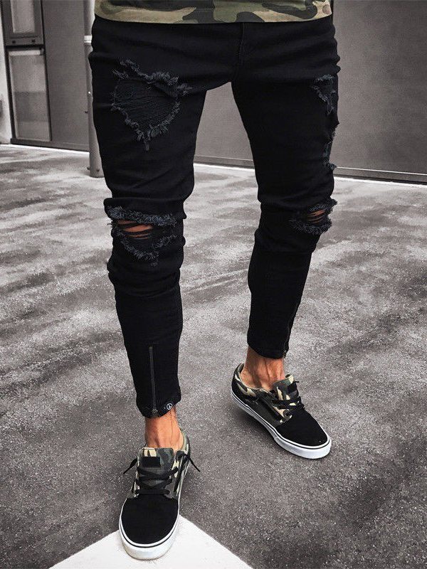 Elastic Washed High Waisted Black Ripped Jeans