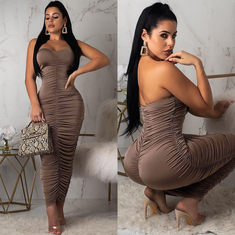 Euro Ruched Off Shoulder Asymmetrical Strapless Maxi Dresses