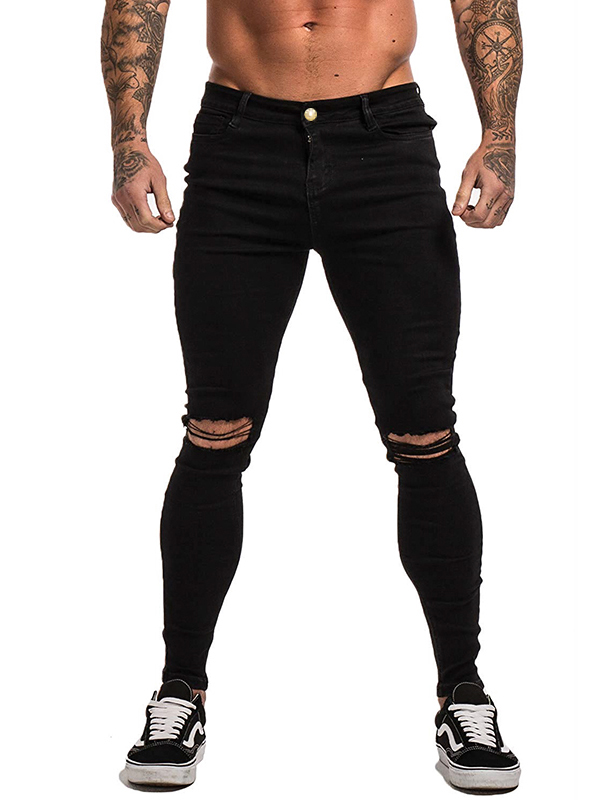 Fashion Mid Waist Mens Ripped Jeans In Black