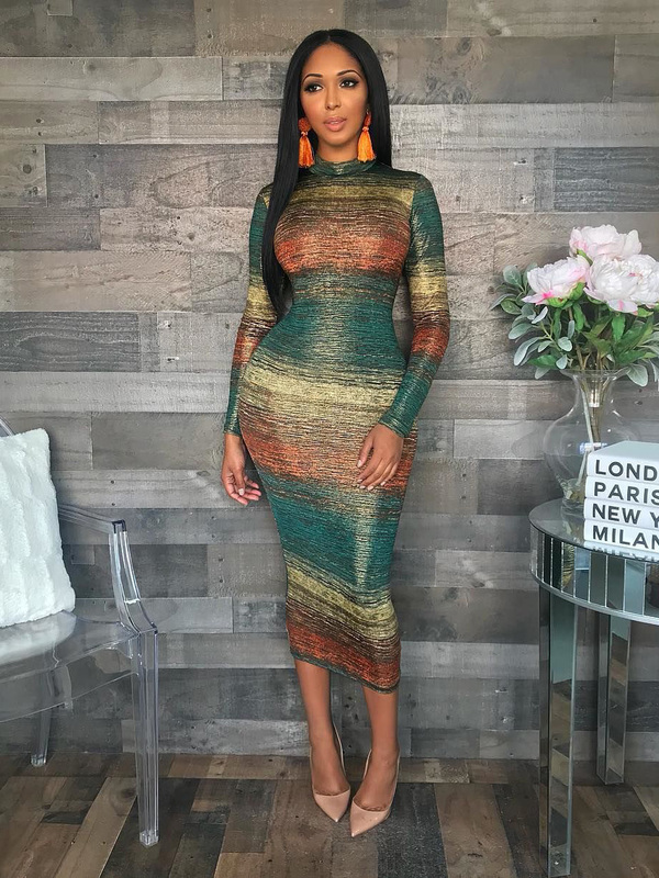 Fashion Striped Gradient Long Sleeves Dress
