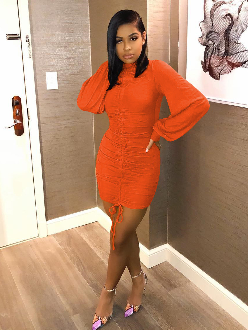 Mock Neck Drawstring Lantern Sleeve Dress