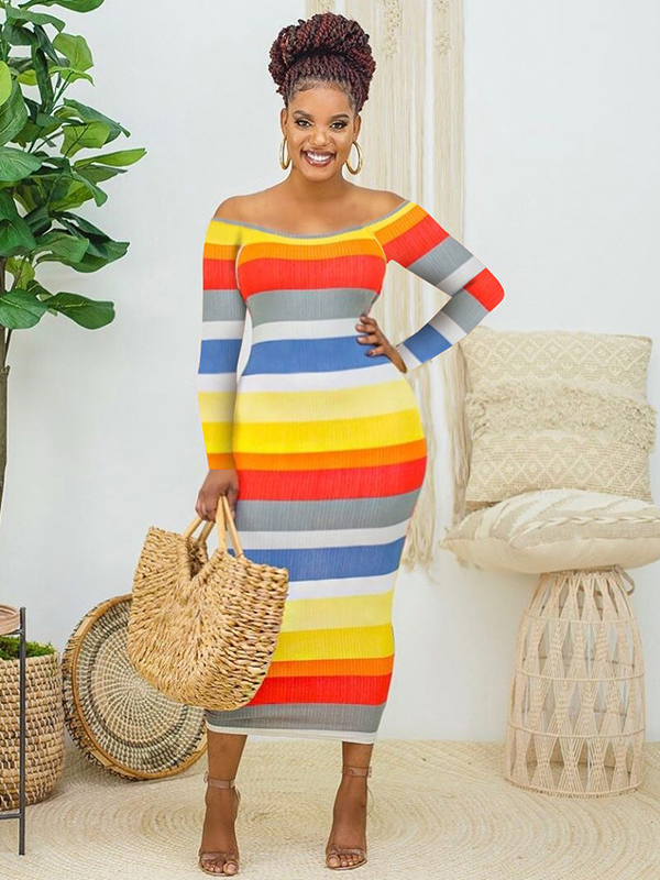 Off Shoulder Contrast Color Casual Maxi Dresses