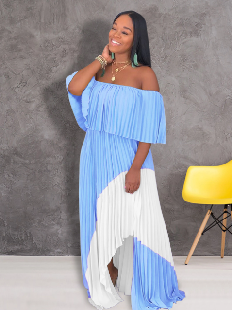 Off Shoulder Contrast Color Pleated Maxi Dresses