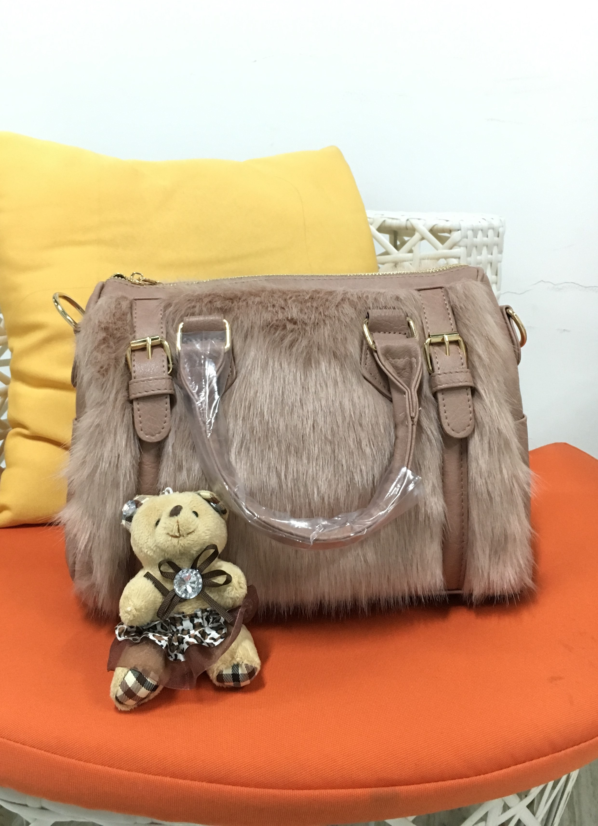 Plush Patchwork Pu Bear Pendant Pink Travel Handbags