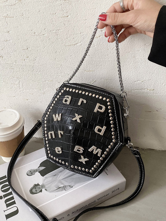 Polygon Rhinestone Letter Black Shoulder Bags