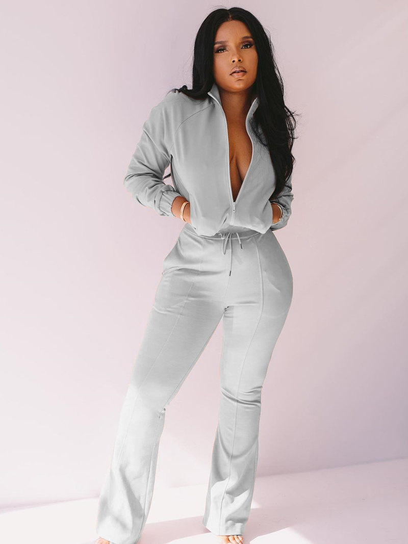 Pure Color Zip Up Casual 2 Piece Pants Set