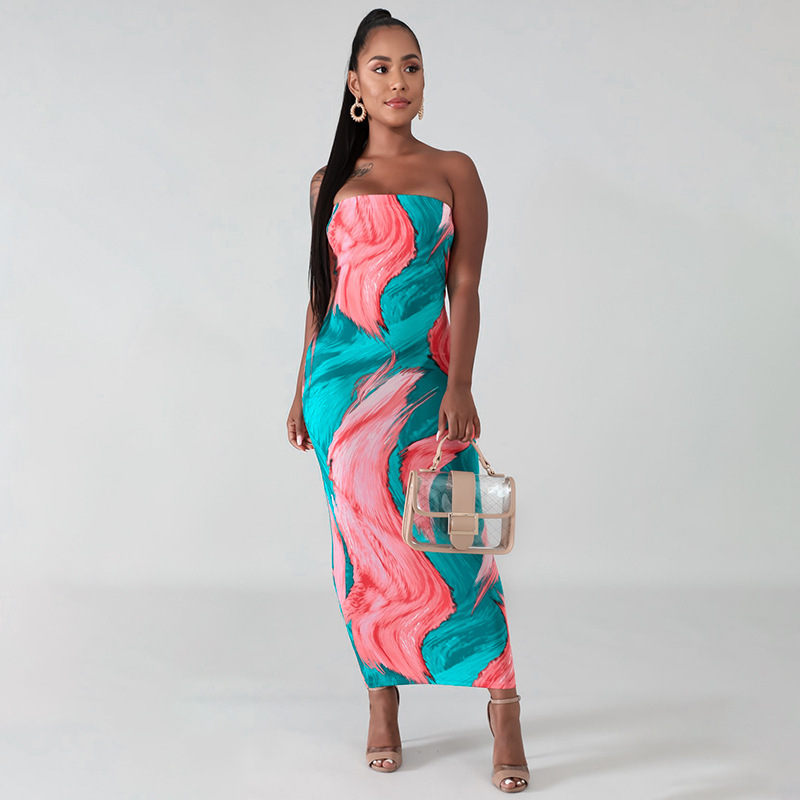 Sexy Print Strapless Maxi Dress For Summer