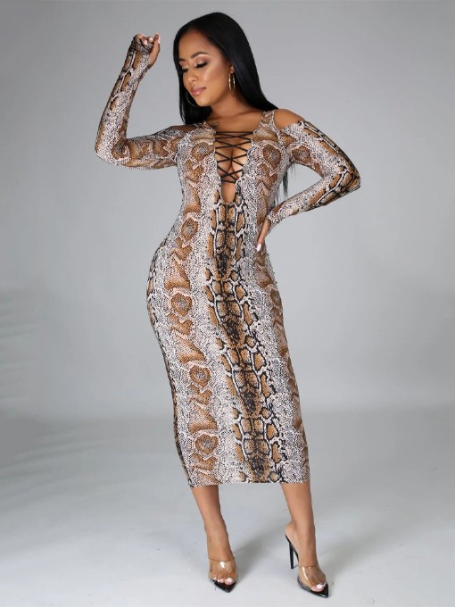 Sexy Snake Print Cold Sleeve Maxi Dress