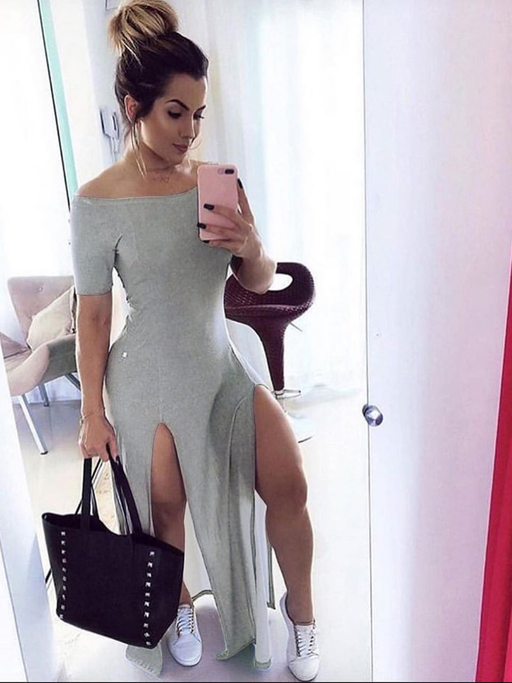 Sexy Split Hem Short Sleeve Off The Shoulder Maxi Dress