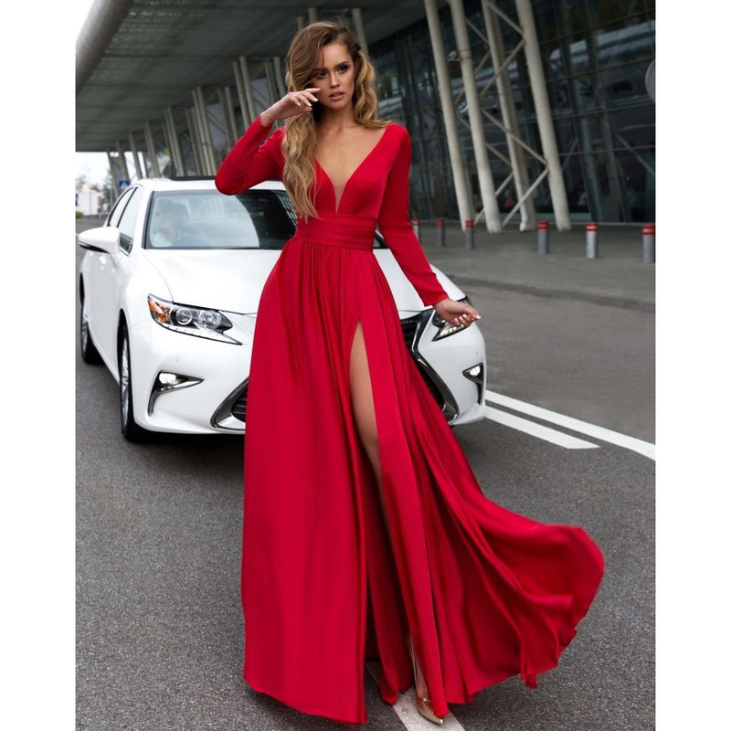 Sexy V Neck Split Hem Long Maxi Dress