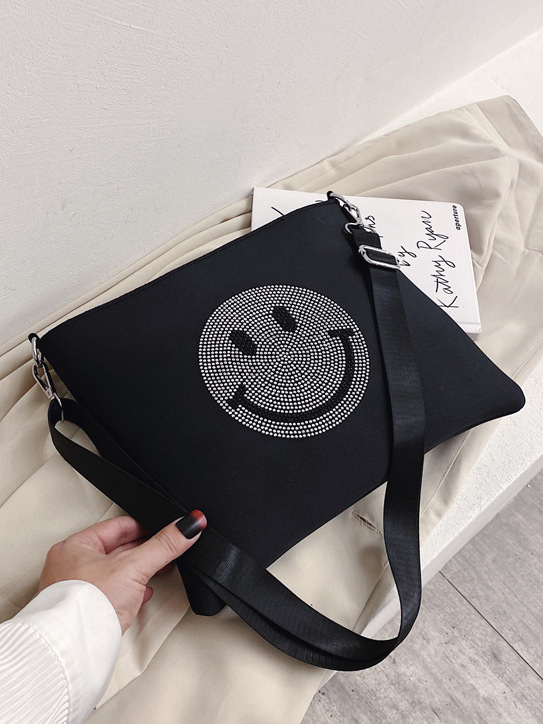 Smiling Face Tiny Rhinestones Black Over The Shoulder Bags