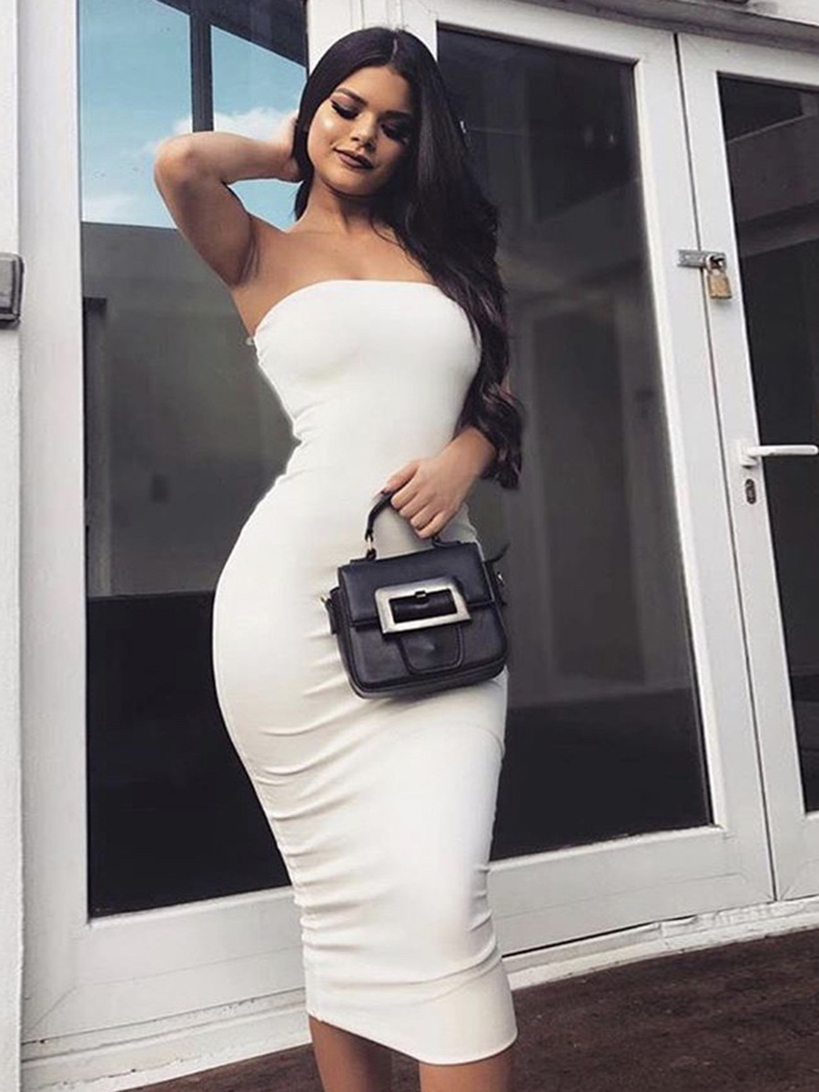Solid Skinny Strapless Midi Dress For Women
