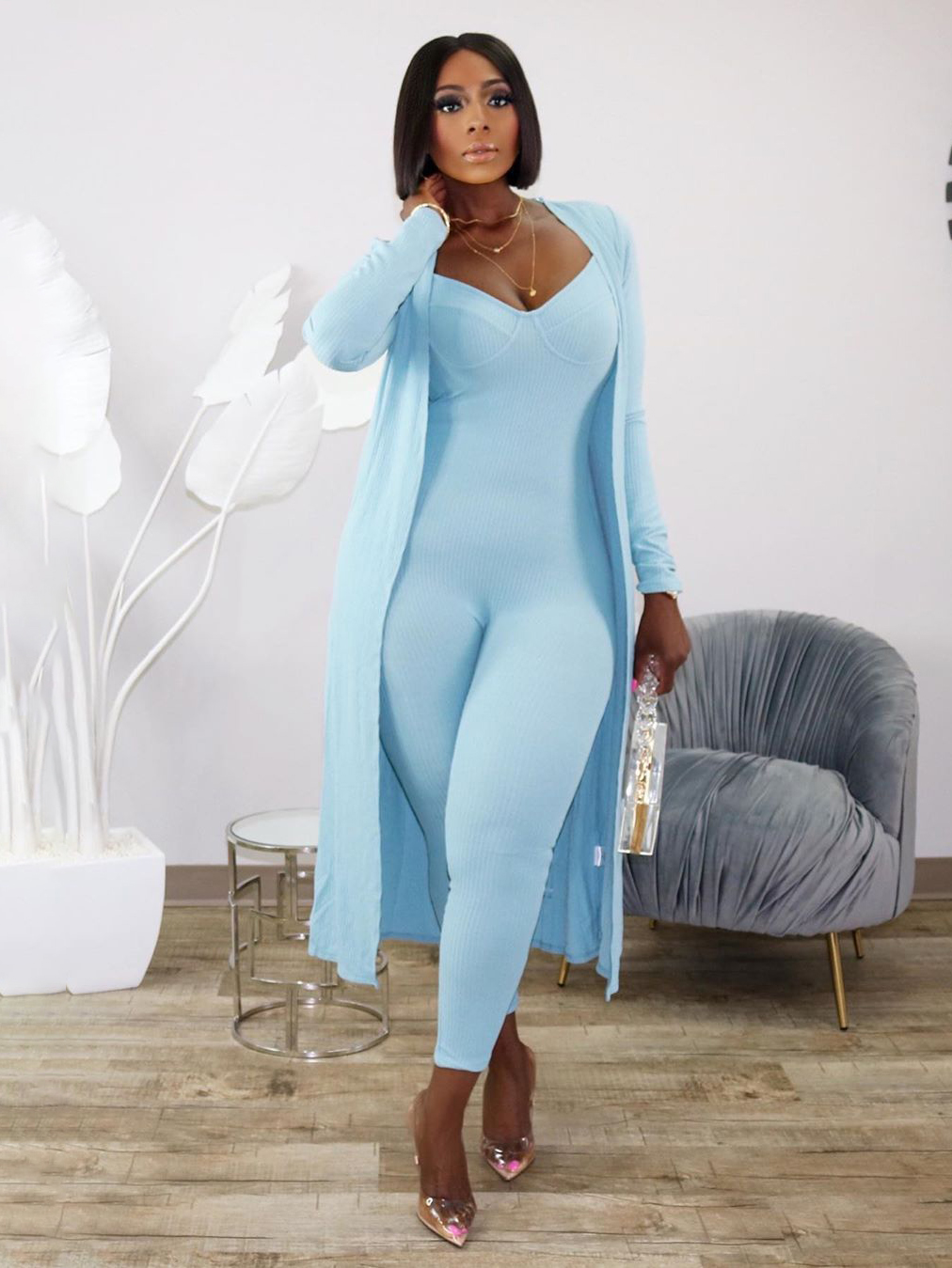 Spaghetti Strap Skinny Jumpsuit With Long Coat