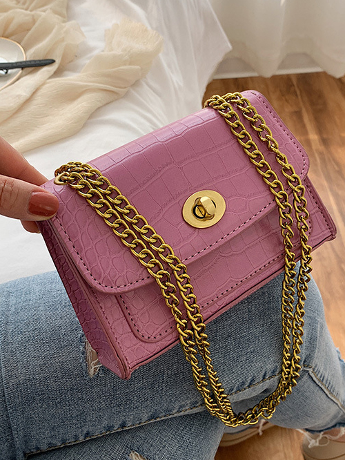 Twist Lock Solid Color Stone Grain Chain Shoulder Bags