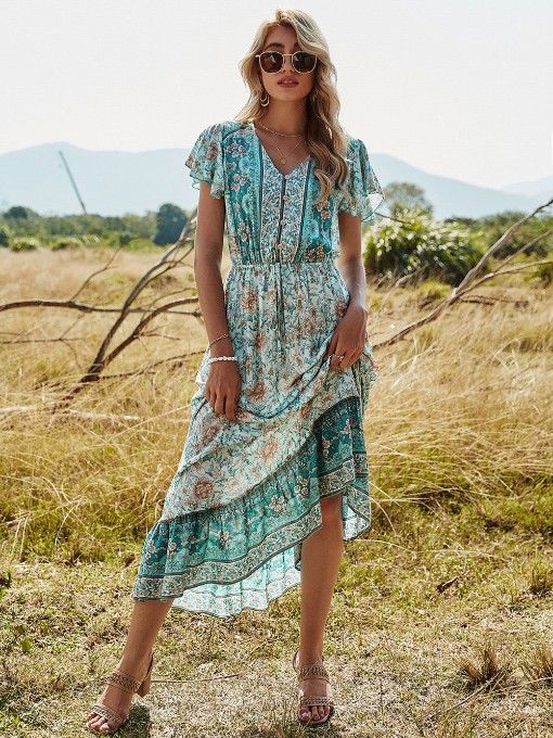 Bohemian Printed Short Sleeve Maxi Dress