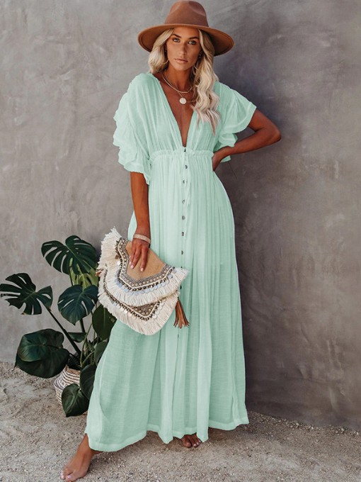 Elastic Waist V Neck Solid Short Sleeve Maxi Dress
