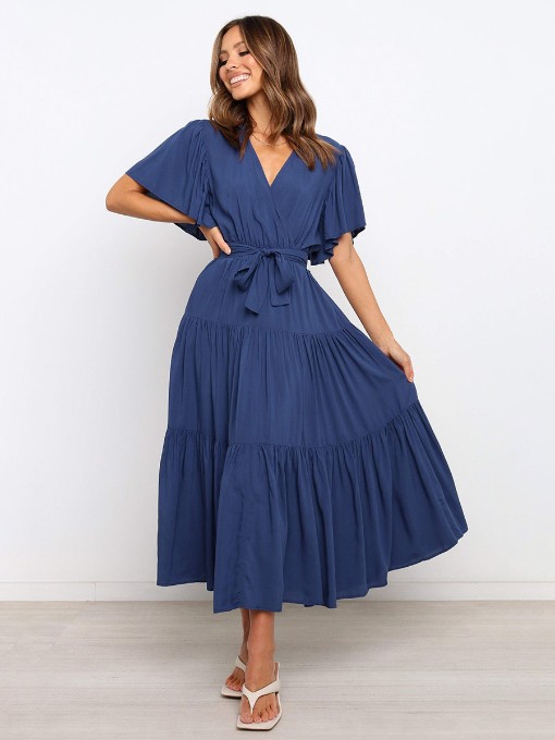 Pure Color Ruffled Short Sleeve Maxi Dress