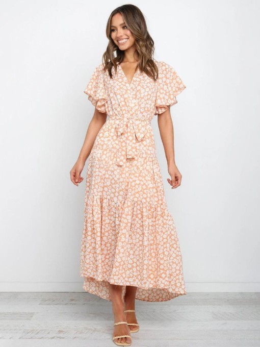Stylish Flower Printed Tie-Wrap Summer Maxi Dresses
