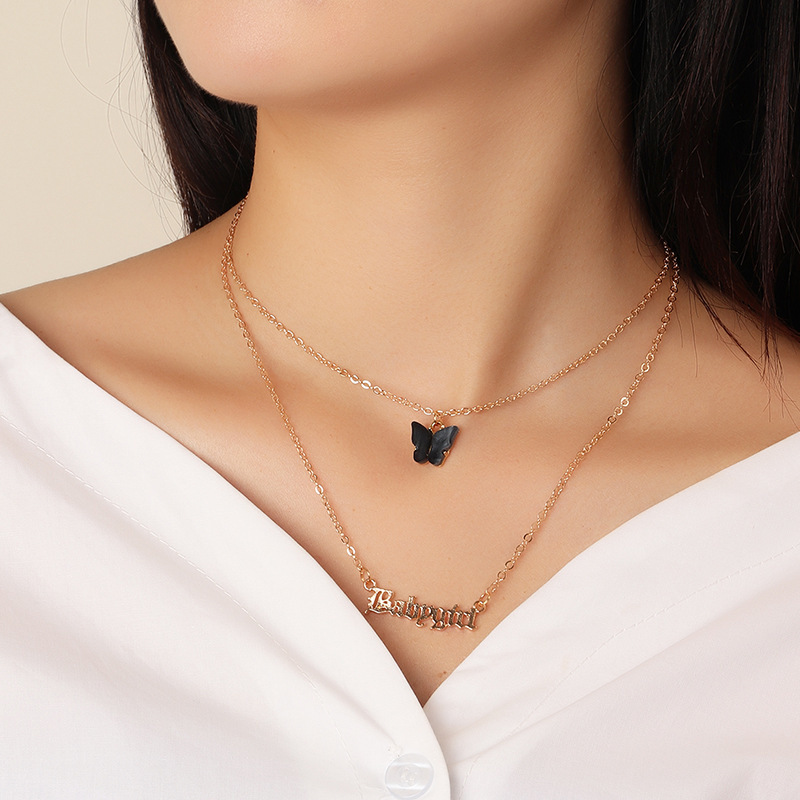 Sweet Baby Girl Letter And Butterfly Layered Necklace