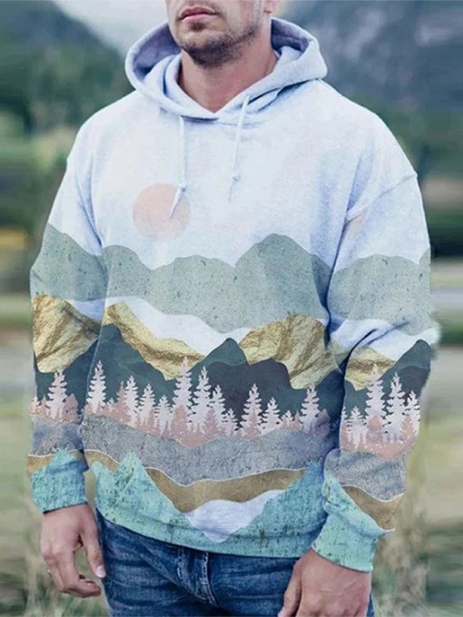 Landscape Printed Long Sleeve Men Pullover Hoodie
