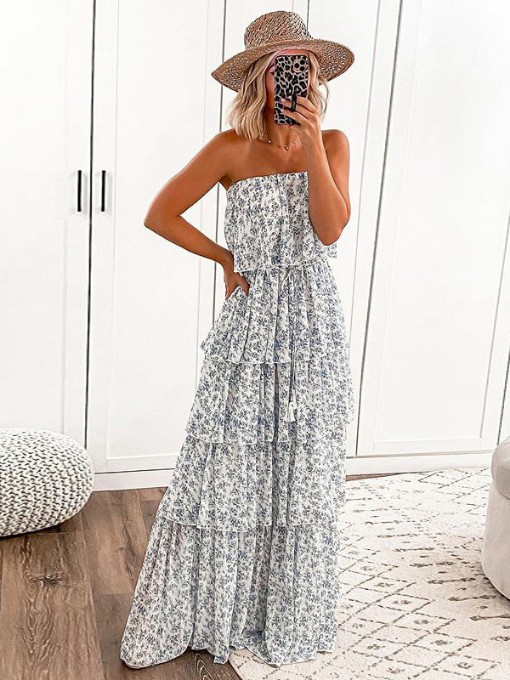 Boat Neck Sexy Strapless Floral Printed Maxi Dress