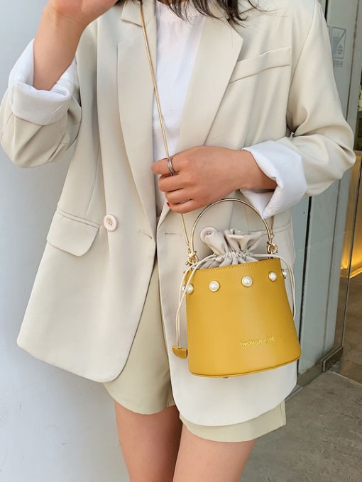 Chic Faux Pearl Decor Drawstring Bucket Bag