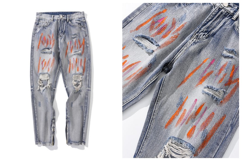 Printing Mid Waist Ripped Jeans For Men Casual
