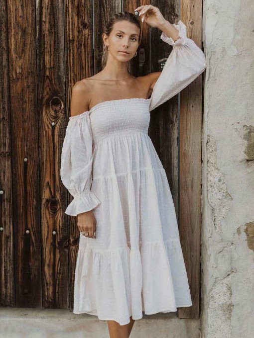Pure Color Tie-Wrap Lantern Sleeve Dresses For Women
