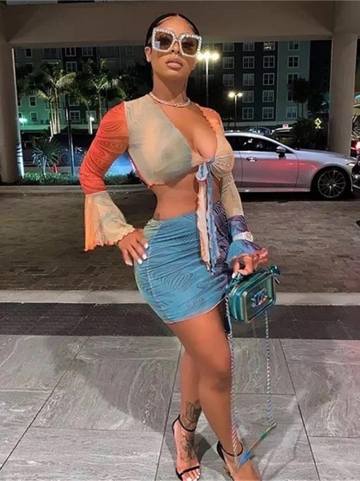 Sexy Tie-Wrap Print Crop Top Skirt Set