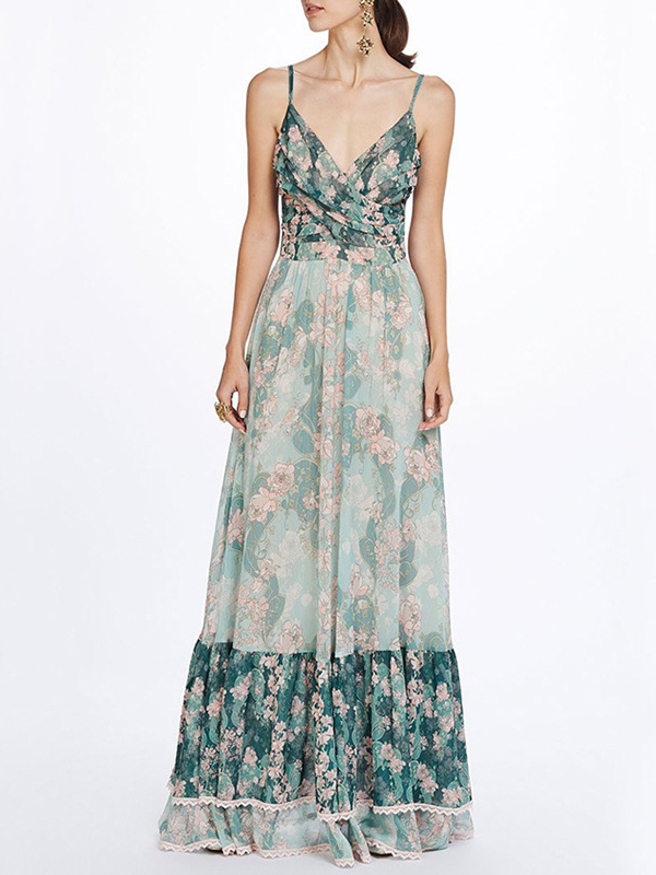 Summer Ruffles Floral V-Neck Ruched Maxi Dresses