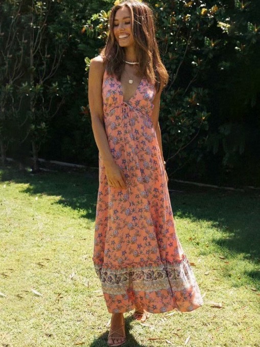V Neck Flower Printed Sleeveless Maxi Dresses Online