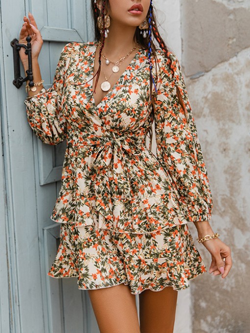 V Neck Printed Long Sleeve Dress