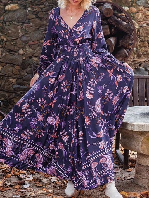 Vacation Printed V Neck Long Sleeve Maxi Dress