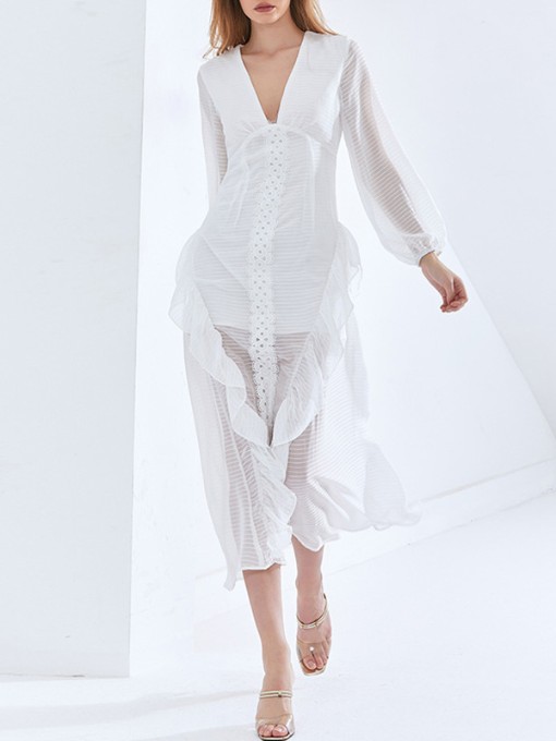 Elegant V Neck White See Through Midi Dress