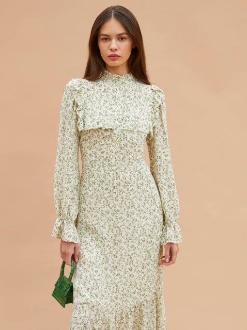 Ditsy Printed Ruffled Long Sleeve Maxi Dress