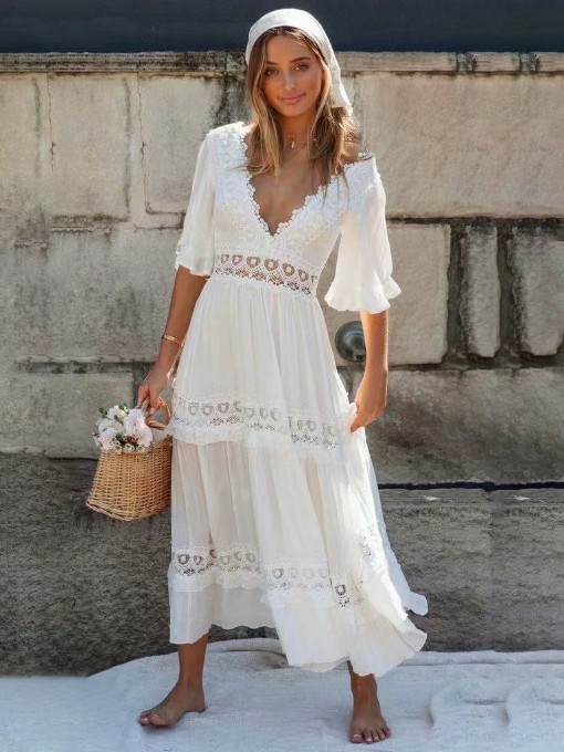 Deep V Lacework Short Sleeve Maxi Dress
