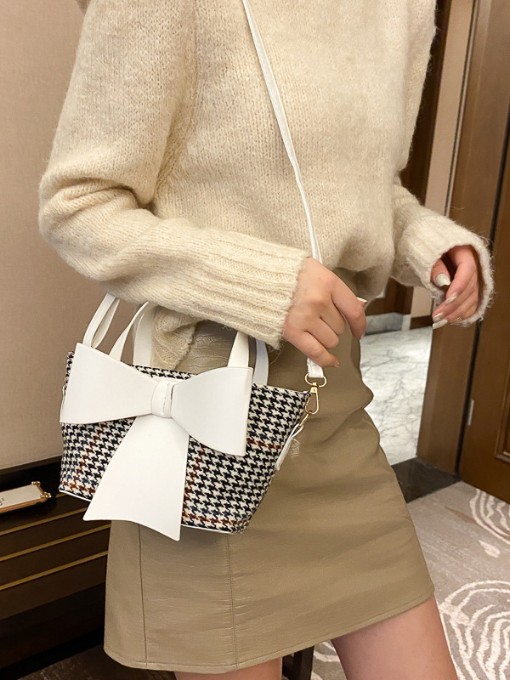 Fashion Bow Houndstooth Handbags Women