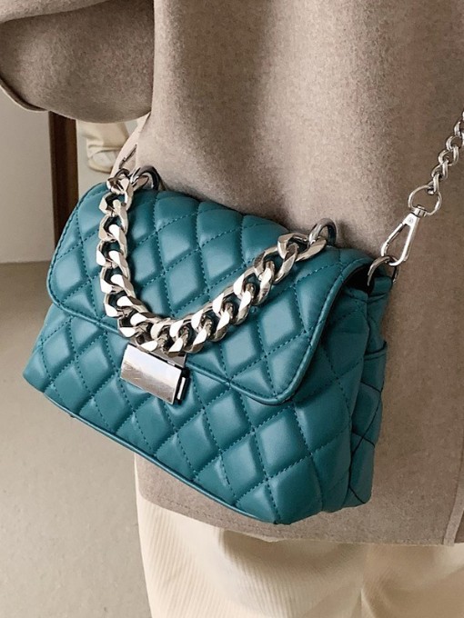 Korean Style Solid Rhombic Bag With Chain