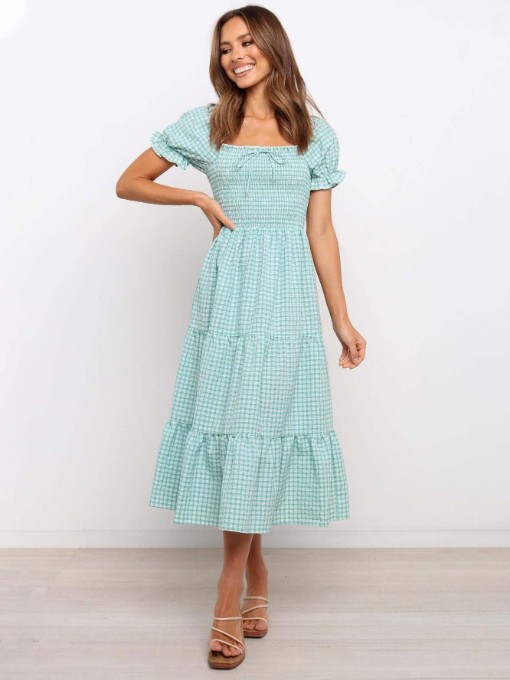 Plaid Puff Short Sleeve Square Neck Ladies Dress