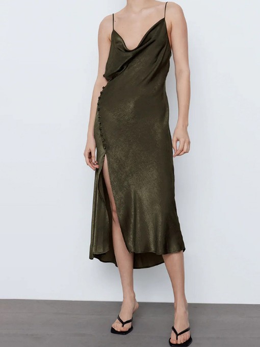 Pure Color High Vent Camisole Dress Summer Sexy