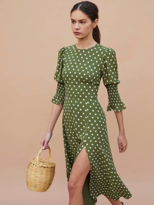 Side Split Printed Flare Long Sleeve Dress