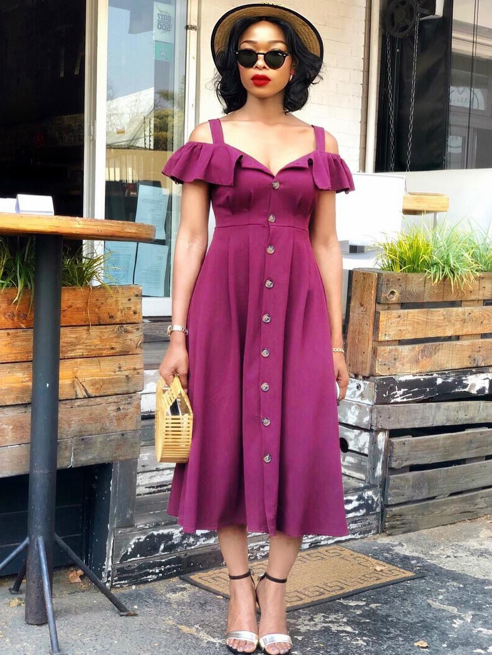 Single--Breasted Off Ruffled Shoulder Midi Dress