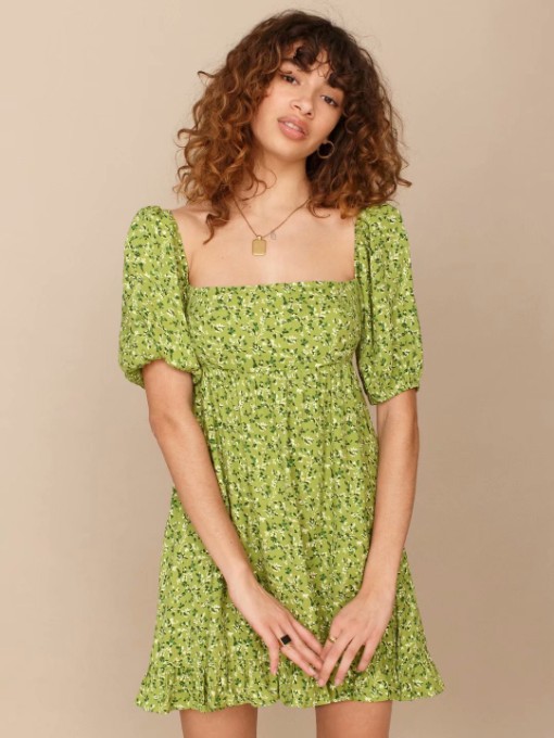 Square Neck Ditsy Printed Short Sleeve Ladies Dress