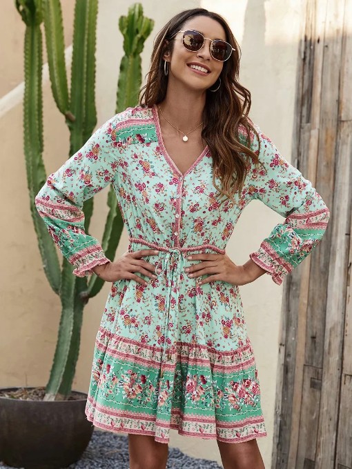 V Neck Floral Long Sleeve Dress